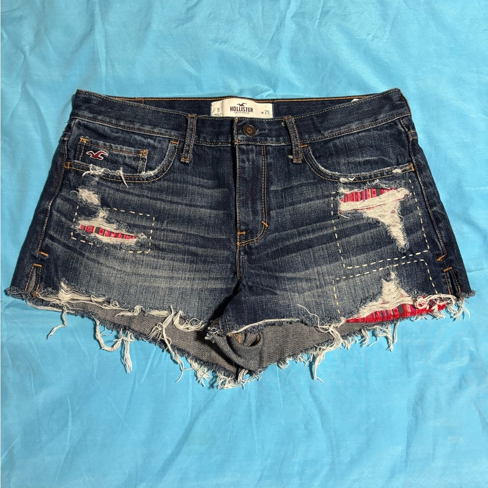 Hollister Junior’s Distressed Denim Shorts - Dark Blue with Red Details